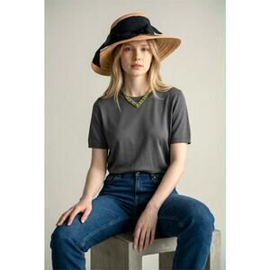 Four Buttons Straw Sun Hat Wide Brim Black Ribbon Coastal Chic One Size Summer